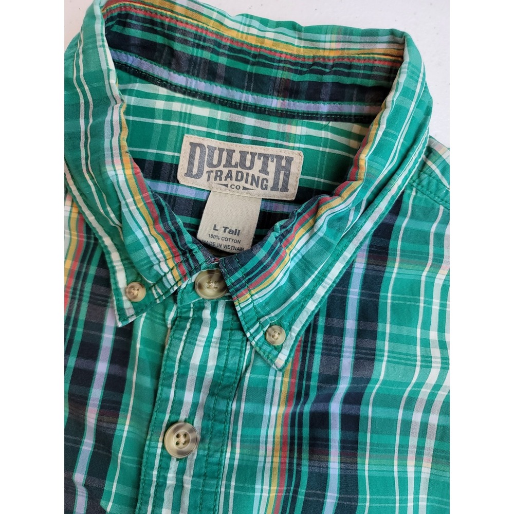 Duluth Trading Co Mens Large Tall Green Plaid Short Sleeve Button Down Shirt